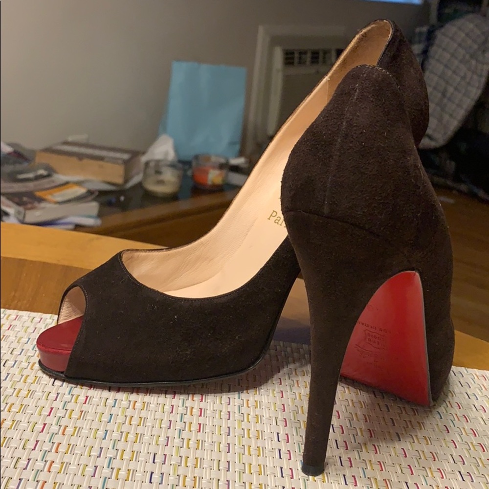 Dark Brown Suede Peep Toe Red Bottoms